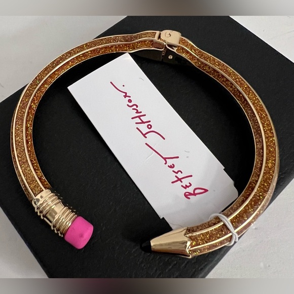 New BETSEY Johnson Gold Glitter Pencil Hinged Cuff Bracelet Back To School - Picture 2 of 16